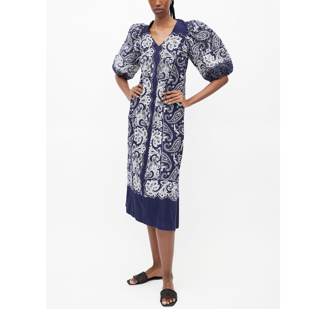 Sea New York Navy White Theodora Paisley Padded Puff Sleeve Cotton Midi Dress M